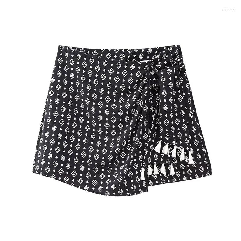 

Women's Shorts Summer Slim Fit Fringe Printed Culottes High Waist All-match Fashion A-line Skirt, Black