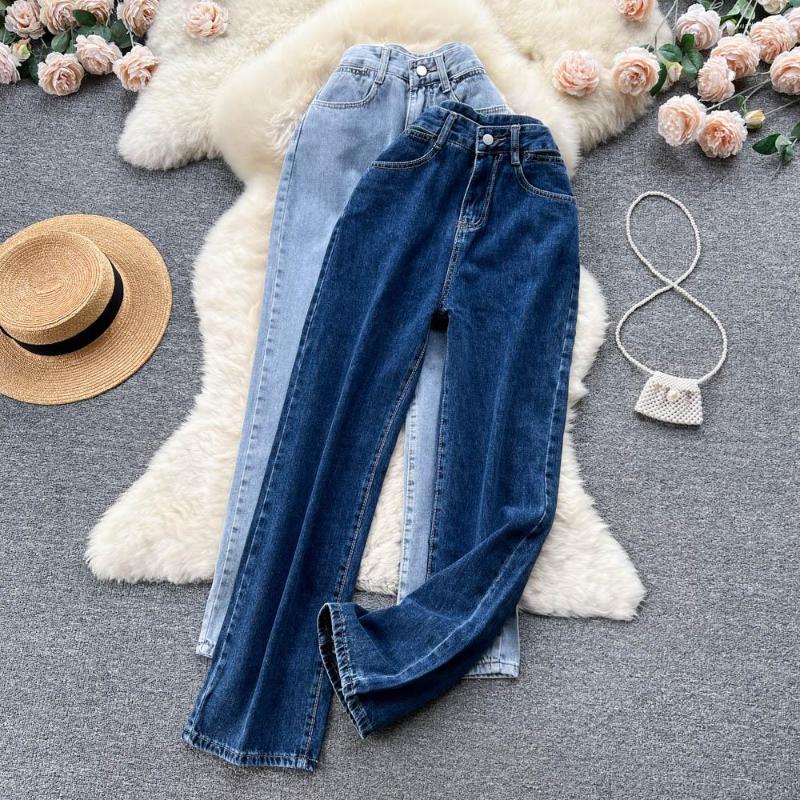 

Women' Jeans Hong Kong Style Vintage Straight Leg High Waist Slim Design Heart Pocket Long Pants, Light blue