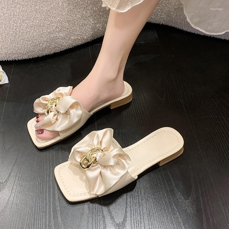 

Slippers 2023 Summer Fashion Square Head Large Women Wearing Open Toe Bow Fairy Style Comfortable Women's Shoes, Beige