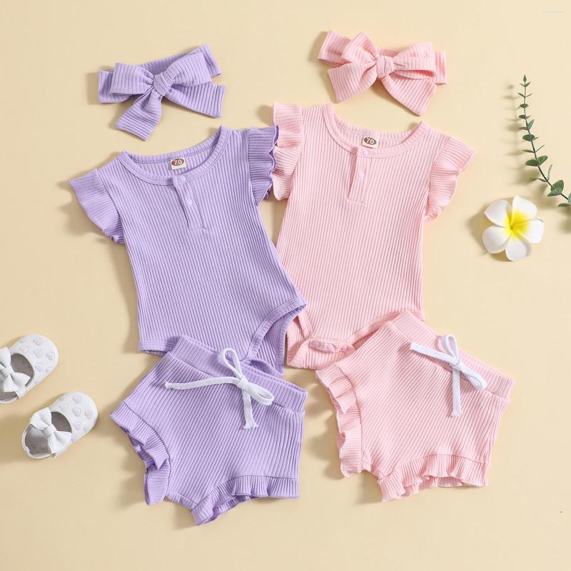

Clothing Sets Infant Born Baby Girl Summer Rompers Set Solid Color Ribbed Flying Sleeve Jumpsuit And Casual Ruffle Shorts Headband 0-18M, Purple