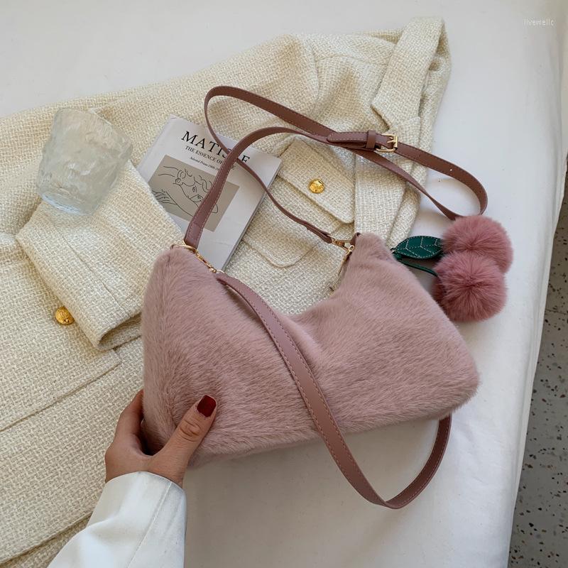 

Evening Bags Winter Cherry Plush Bag Women Fashion Casual Fax Fur Shoulder Handbag Solid Color Japan Korea Chain Crossbody Female, Black