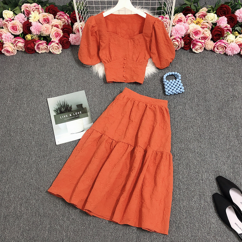 

Two Piece Dress Women Shirt Sets Orange 2 Puff Sleeve Crop Top and Skirts Suit Fashion Womens Elegant Summer Midi Skirt 230512, White