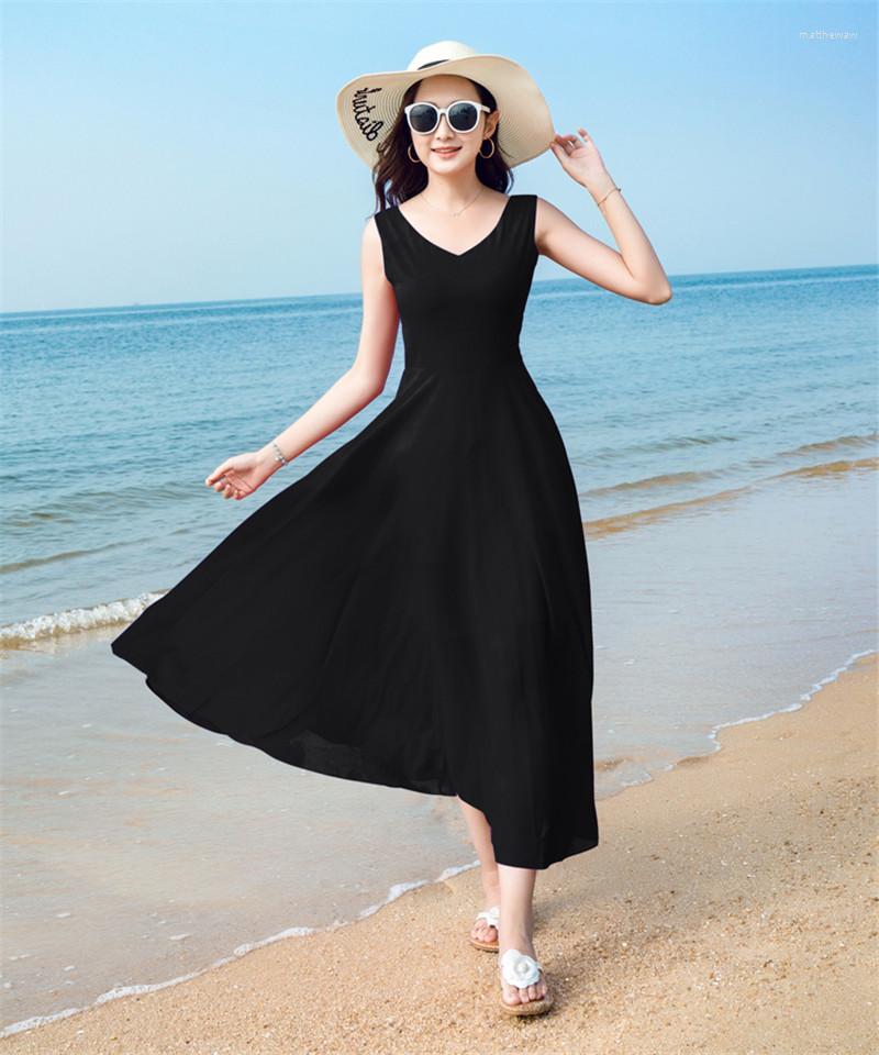 

Casual Dresses Boollili 2023 Summer Chiffon Dress Women Elegant Bohemian Beach Sleeveless Slim Sweet Robe Longue Vestido, Black
