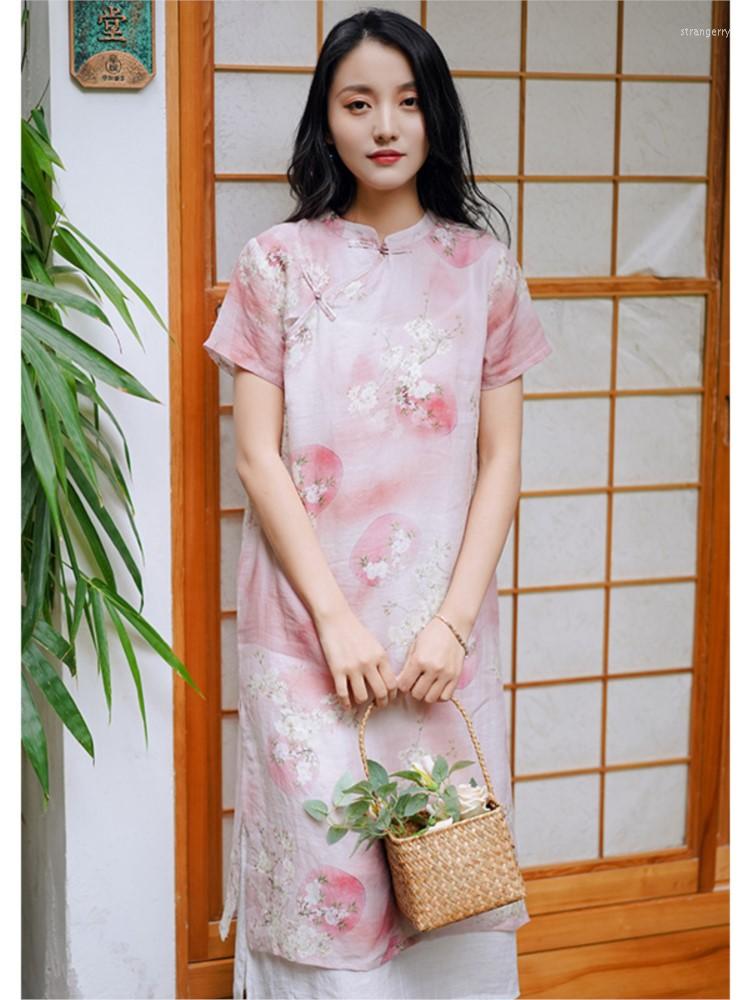 

Party Dresses Johnature Women Stand Ramie A-Line Dress Short Sleeve Print Floral Clothes 2023 Summer Button Chinese Style Vintage, Blue
