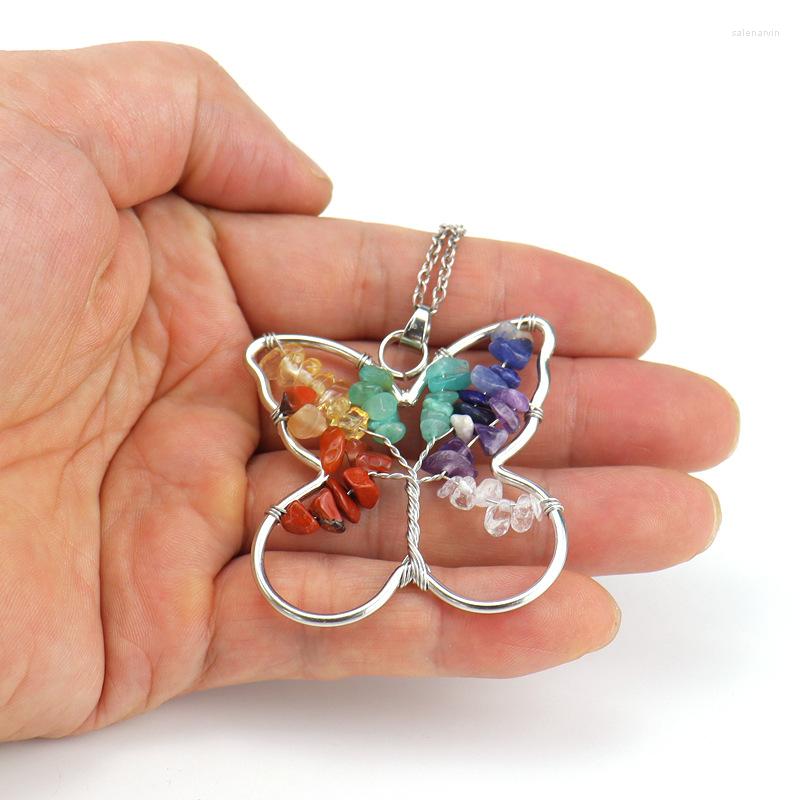 

Chains Bohemia Natural Crushed Stone Tree Of Life Butterfly Pendant Necklace For Women Handmade Wire Wrapped