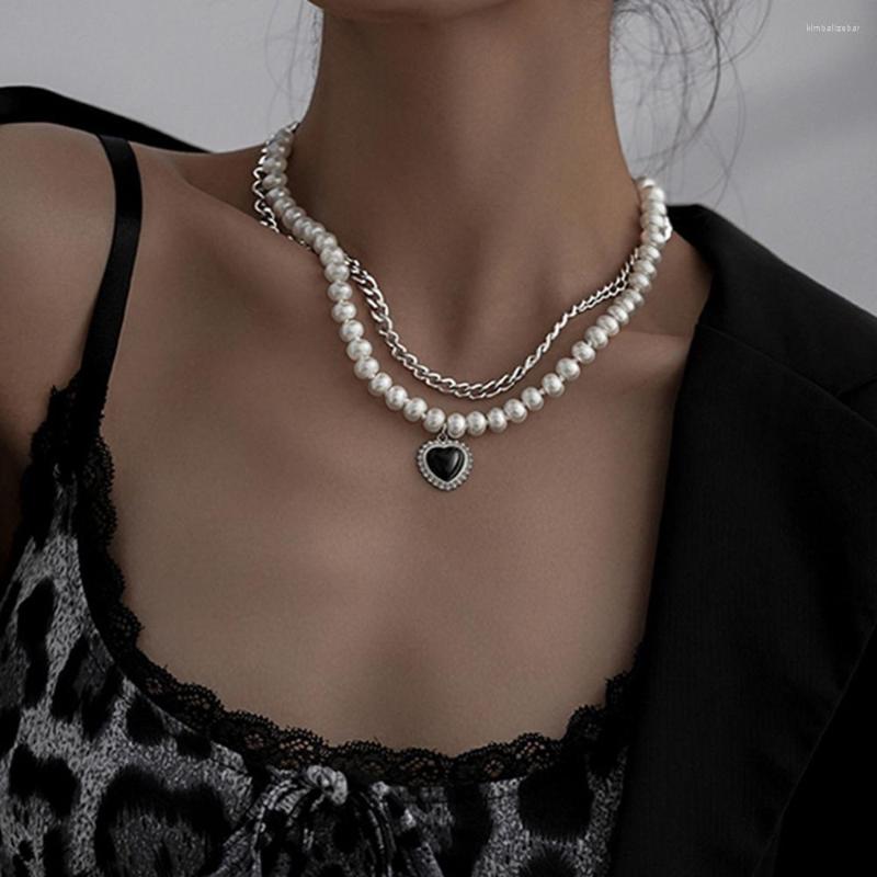 

Pendant Necklaces KINFOLK Simple Pearl Heart For Women Girls Silver Color Cuban Chain Black Love Choker Trendy Jewelry Party