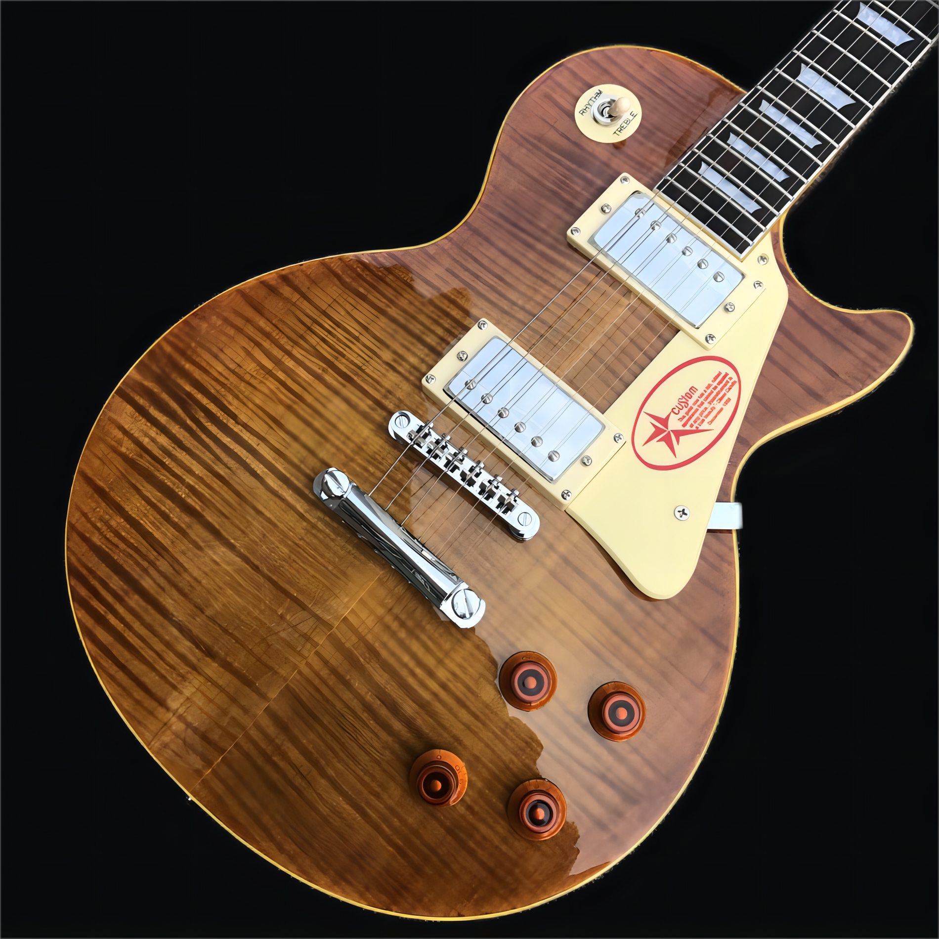 

Solidbody electric guitar with mahogany body, aaa Flame maple top, mahogany neck, Rosewood fingerboard, and 2 humbucking pickups1253