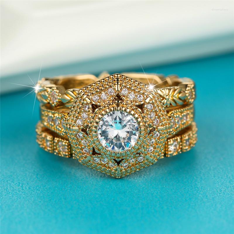 

Wedding Rings White Zircon Round Stone Ring Set Female Luxury Crystal Engagement Dainty Gold Color Bridal Sets For Women