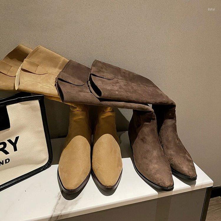 

Boots Knee High Lady Slip On Simple Pleated Women Shoes Stretch Suede Winter Botas Spring Autumn Dress Woman, Brown