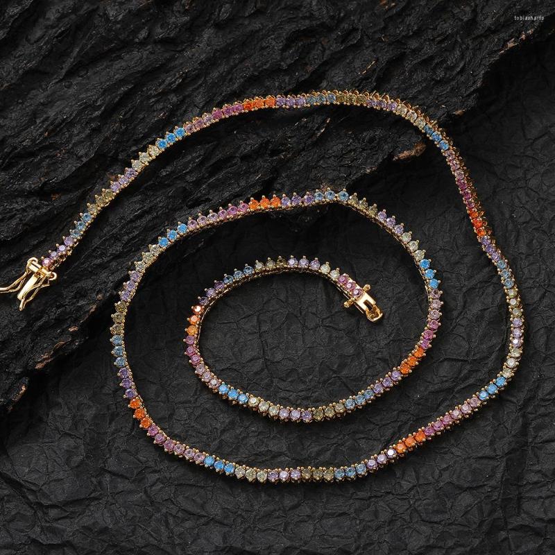 

Chains 2mm Colorful 3 Zircon Chain Bling Iced Out Brass Necklace Fashion Hip Hop Jewelry BN106