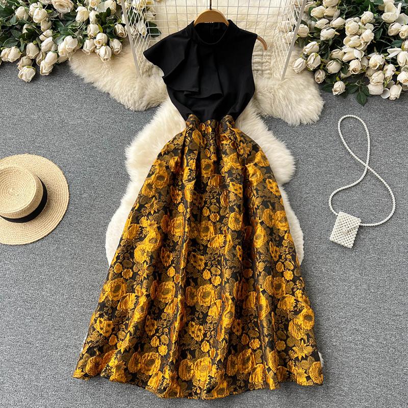 

Casual Dresses Spring Autumn Women Red/Gold Floral Printed Patchwork Long Dress Vintage Stand Collar Sleeveless High Waist A-Line Vestidos