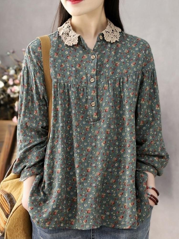 

Shirts Women Long Sleeve Casual Shirts New 2022 Spring Vintage Style Lace Collar Floral Print Loose Female Cotton Tops Shirt D147, Dark blue