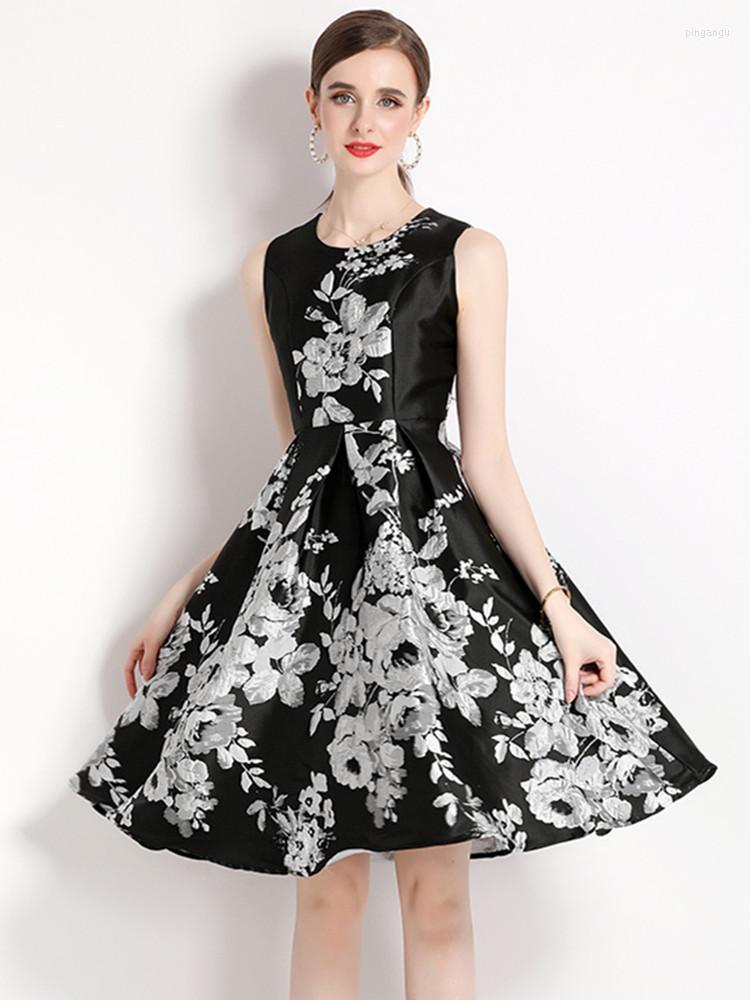 

Casual Dresses Elegant Lady Flower Jacquard Dress High Quality Sleeveless O Neck Waist Tank Robe Argent Knee Length Vest Vestidos, Black