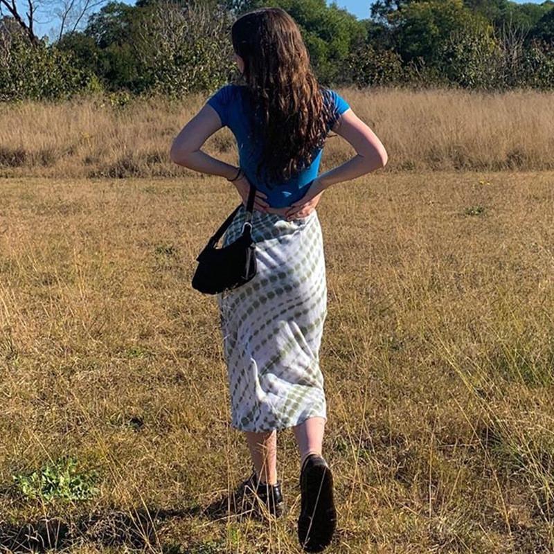 

Skirts 2023 Women Fashion High Waist Tie-Dye Skirt Stylish Mid-Calf Vintage Korean For Girls Party Shopping Daily Wear, Green