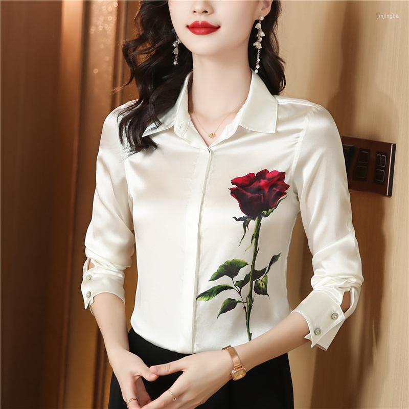 

Women' Blouses Elegant Satin Silk Flower Long Sleeve Top Women Shirts And White Korean Fashion Ladies Female Clothing Blusas Para Mujer