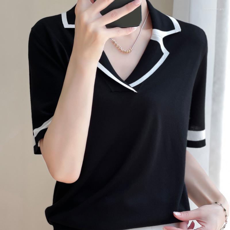 

Women's T Shirts Color Matching Simple Short Sleeve Shirt Summer Lapel Polo Slim T-shirt Worsted Wool Top Women Thin Pullover, Hei se