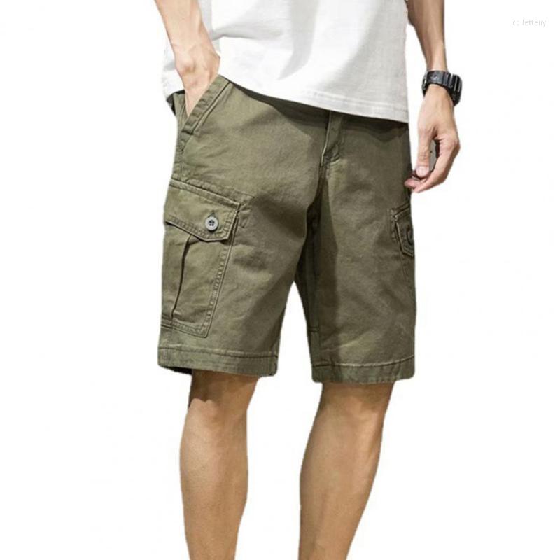 

Men's Shorts Solid Color Wide Leg Multi Pockets Men Loose Pants Summer Buttons Decor Type Daily ClothesMen's, Army green