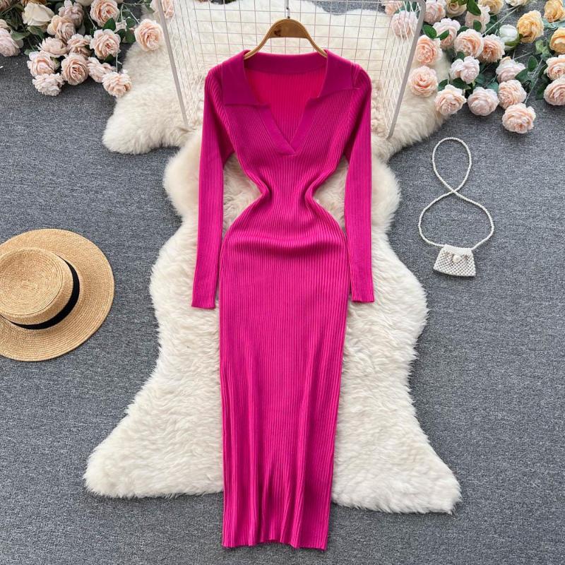 

Casual Dresses Slim Polo Neck Sexy Autumn Bodycon Knitted Cotton Sweater Long Dress Winter Party Women Sheath Elegant Tunic Vestidos, Blue