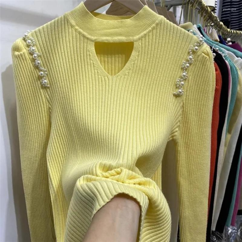 

Women's Sweaters Bead Pearl Cut Out Designer Tops Autumn Winter Knitted Sweater Women Solid Basic Slim Fit Undershirt Pull Femme, Color 1
