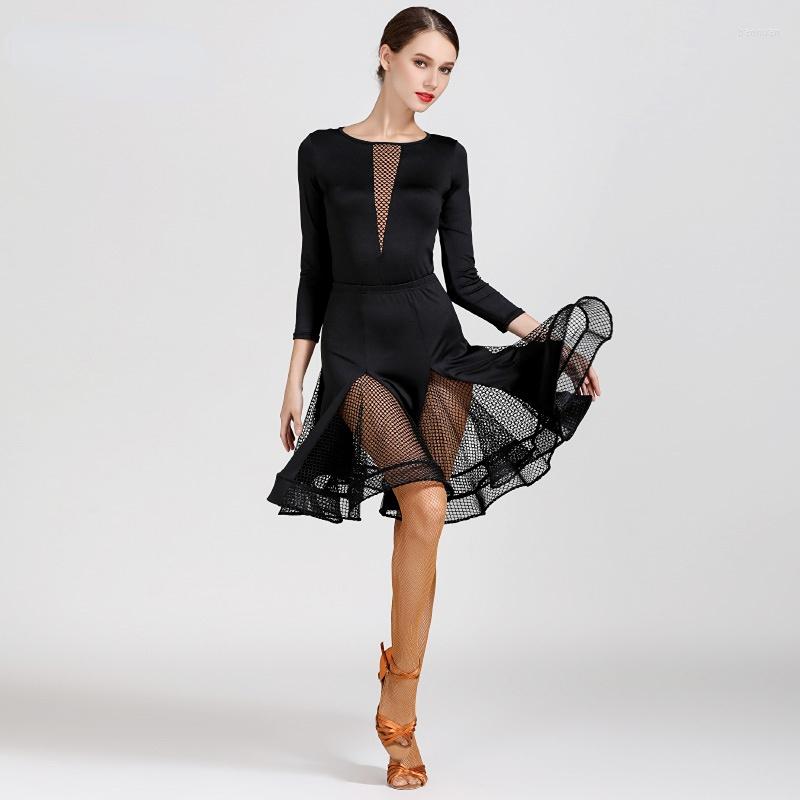

Stage Wear Hollow-out Latin Dance Skirt And Tops Performances Adult Practise Costume Suit Salsa Ballroom Dress, Black