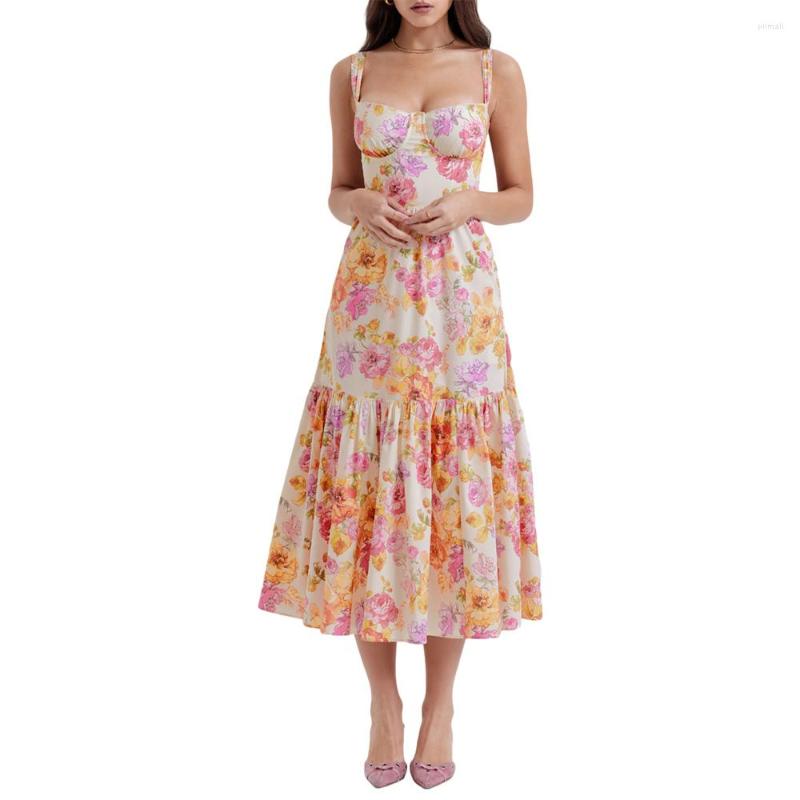 

Casual Dresses Douhoow Women Floral Print Long Dress Elegant Summer Party Birthday Low-Cut Sleeveless Spaghetti Strap Backless 2023, Blue