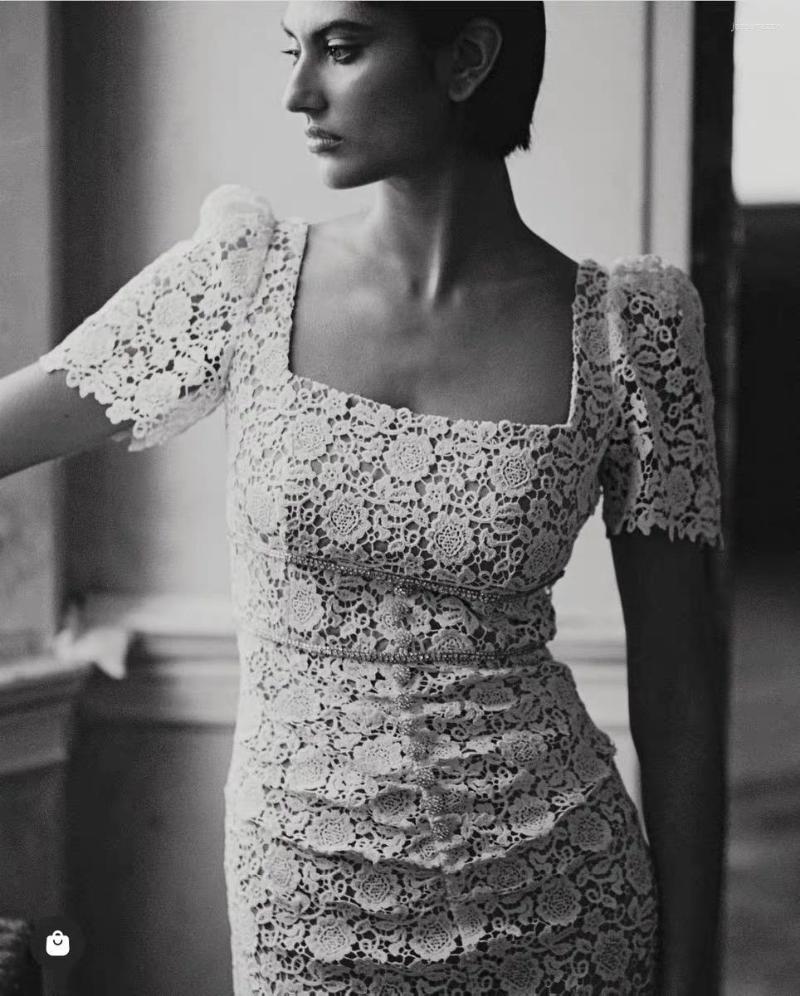 

Casual Dresses Heavy Diamond Beaded Women Long Lace Dress Short Sleeve Rose Water-soluble Hollow Out Embroidery High Waist Lady Slim Midi, Beige