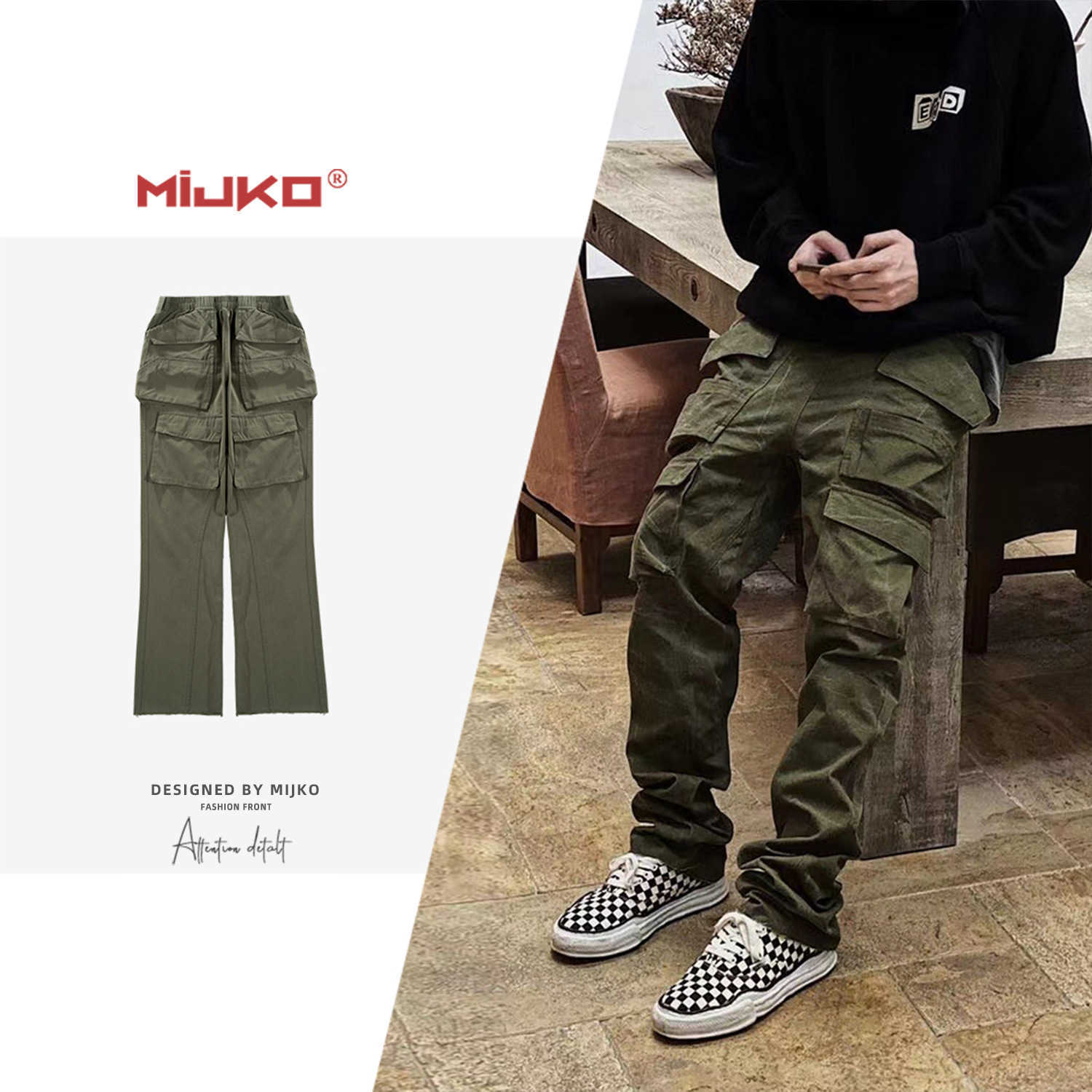 

Mijko men's clothing women's autumn and winter new Multi Pocket shell pants vibe style casual pants men's and women's cat beard pants, Black