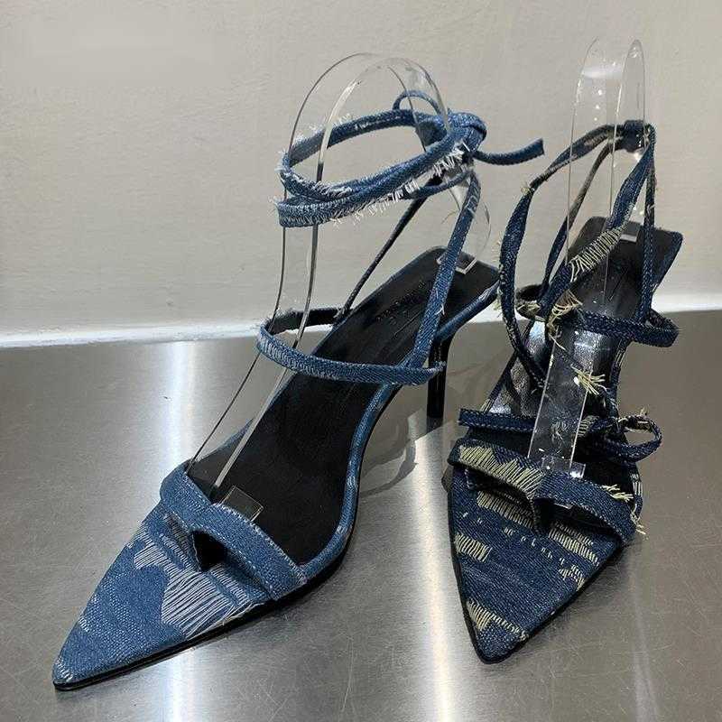 

New Sandals Stiletto Heels Pumps Shoes for Ladies in Female Denim Fashion Cross-tied Pointed Toe Woman High 230511, Black
