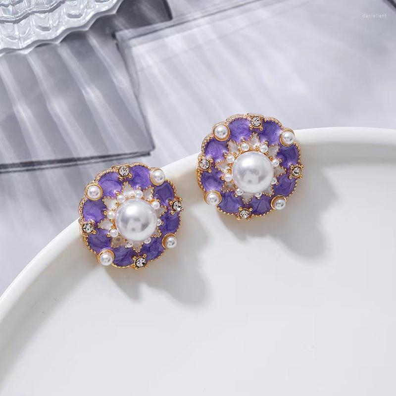 

Backs Earrings Temperament Purple White Enamel Flower Clip Earring For Women Elegant Pearl Rhinestone Non Pierced Ear Clips Jewelry