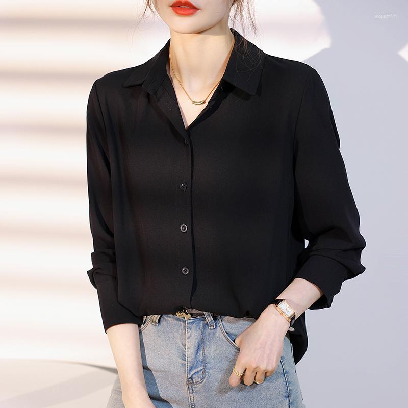 

Women' Blouses Solid Color Office Lady Chiffon Shirts Bottoming Spring Summer Long Sleeve Womans Blouse Elegant Tops Blusa Mujer, Black