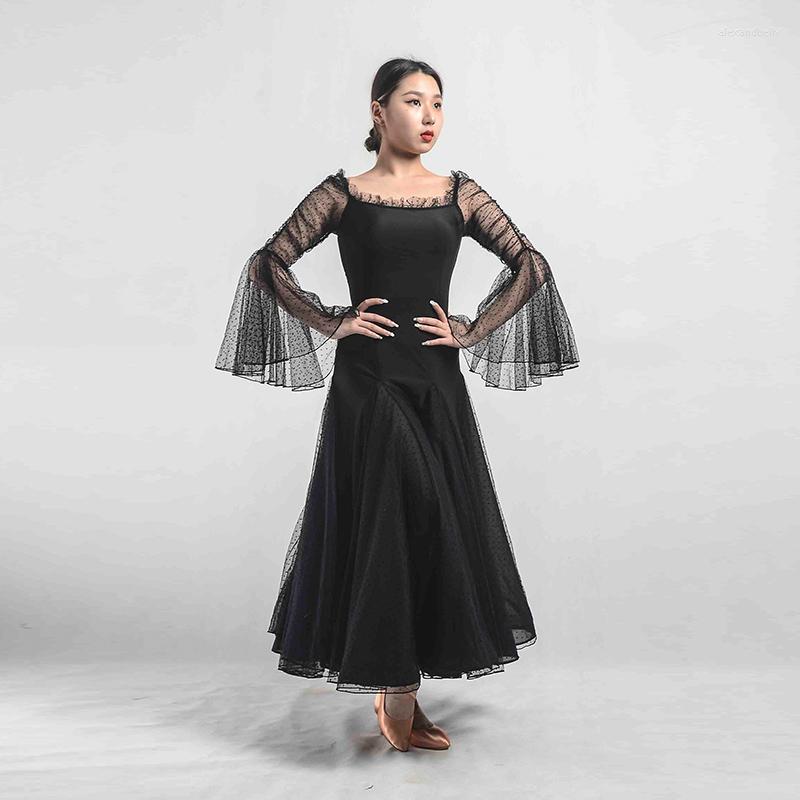 

Stage Wear Off-Shoulder Ballroom Dance Competition Dress Sequins Mesh Sleeve Tango Dancing Clothes Adult Prom Waltz Dresses DL10241, Black