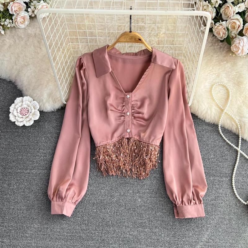 

Women's Blouses French Design Sense Vintage Long Sleeve V-neck Pullover Fringe Acetate Niche Short Tops, Pink