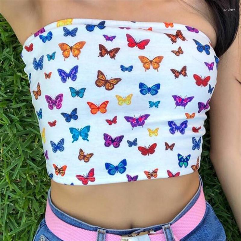 

Camisoles & Tanks Summer Women Sexy Strapless Tube Tops Print Top Sleeveless Crop Lady Bandeau 3D Butterfly Colorful, White