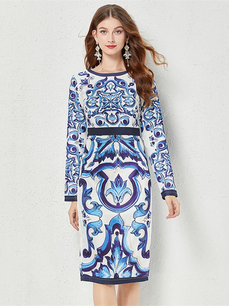 

Casual Dresses Fashion Runway Autumn Blue And White Porcelain Print Midi Dress Women Long Sleeve Vacation Split Bodycon Vestidos Evening