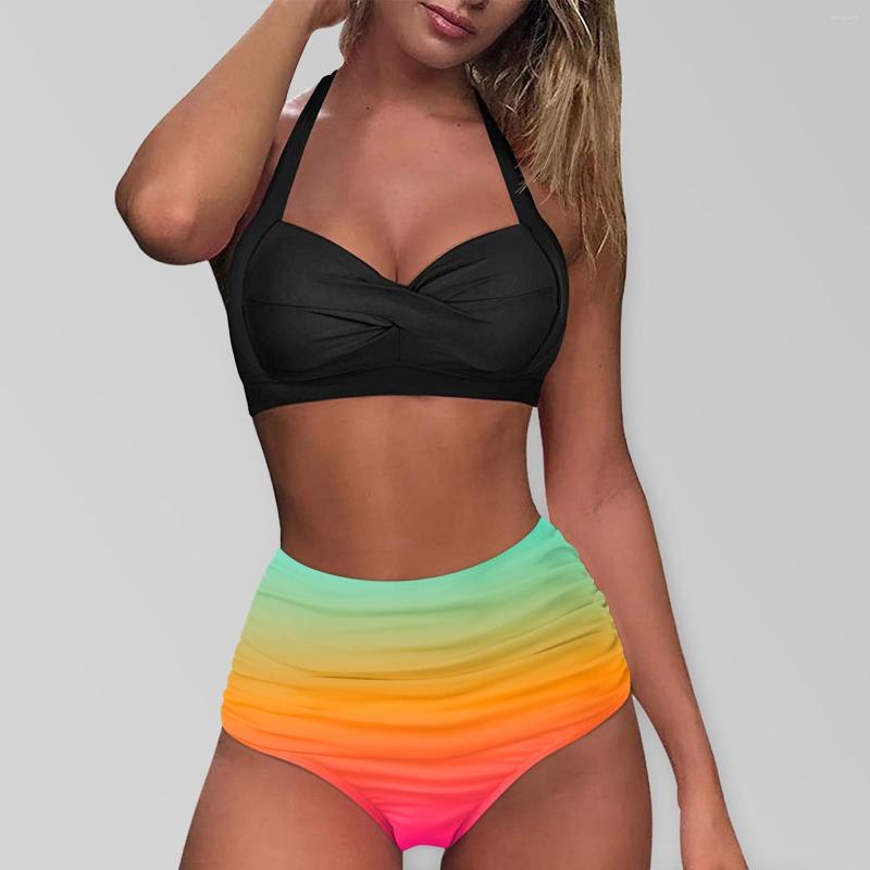 

Women' Swimwear Two Piece Women Tankini Bandeau V-Neck Halter Bathing Suit Bather Gradient Color High Waist Seamless Bikinis Femme, Purple