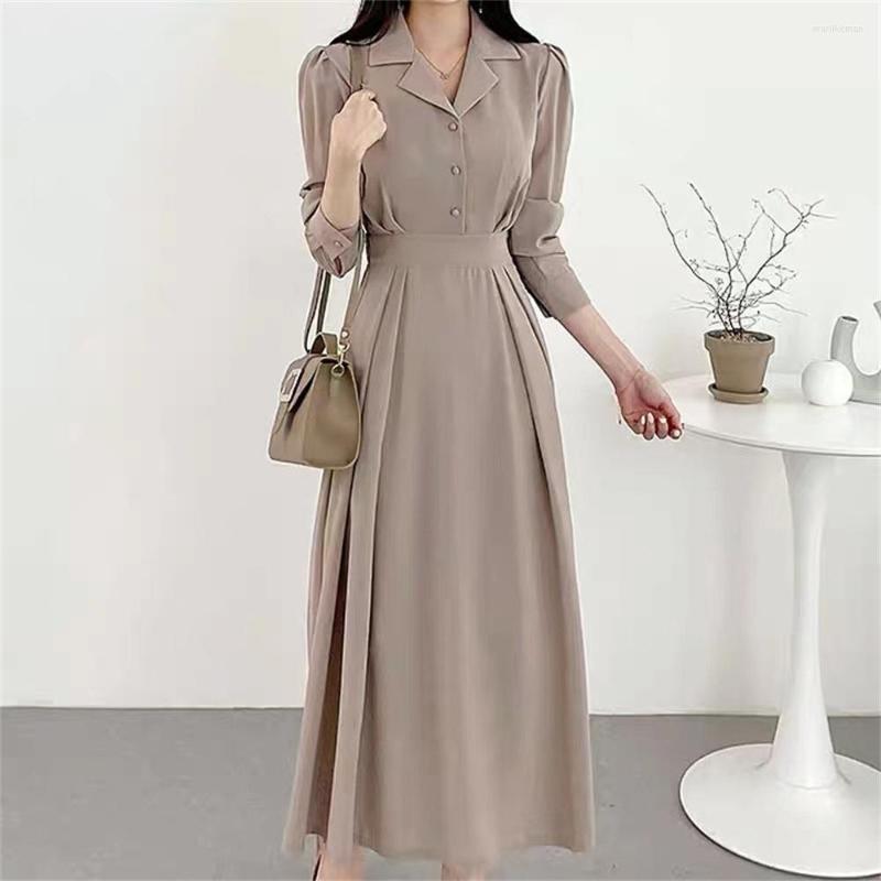 

Casual Dresses Women's Elegant V-neck 2023 In Korean Fashion Belted Waist Bubble Sleeves Dress Laides Office Streetwear Long, Black