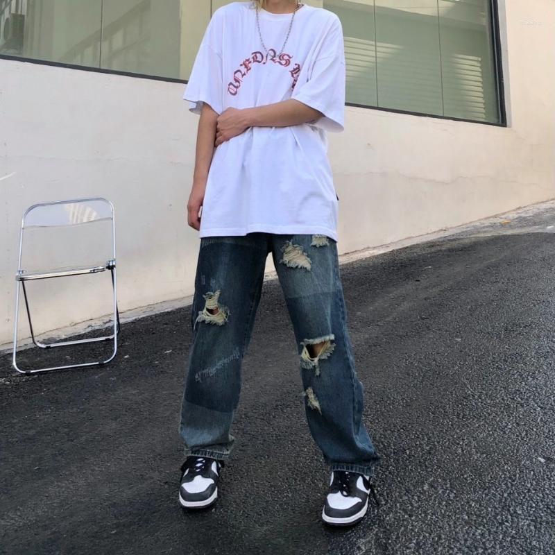 

Men' Jeans Foufurieux Ripped Men 2023 Fashion Chic Vintage Streetwear Blue For Women Wide Leg Full Length Y2k Pants