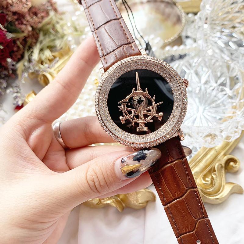 

Wristwatches Europe Big Size Women Diamond Watches Luxury Full Crystals Dress Wrist Watch Spinning Sword Rotating Quartz Reloj, Pink