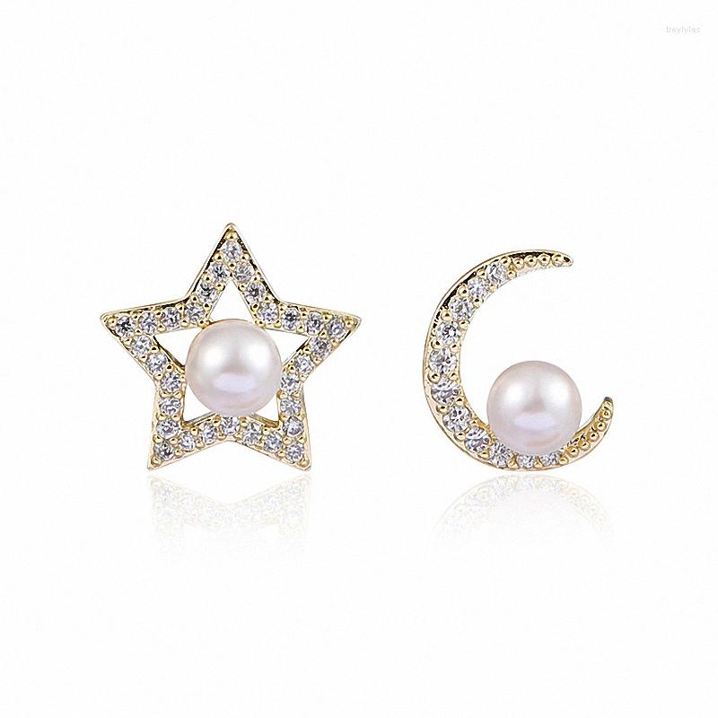 

Stud Earrings Classic Star Moon Design Asymmetric Pearl For Women Girls Contracted Exquisite CZ Zircon Jewelry LE1460