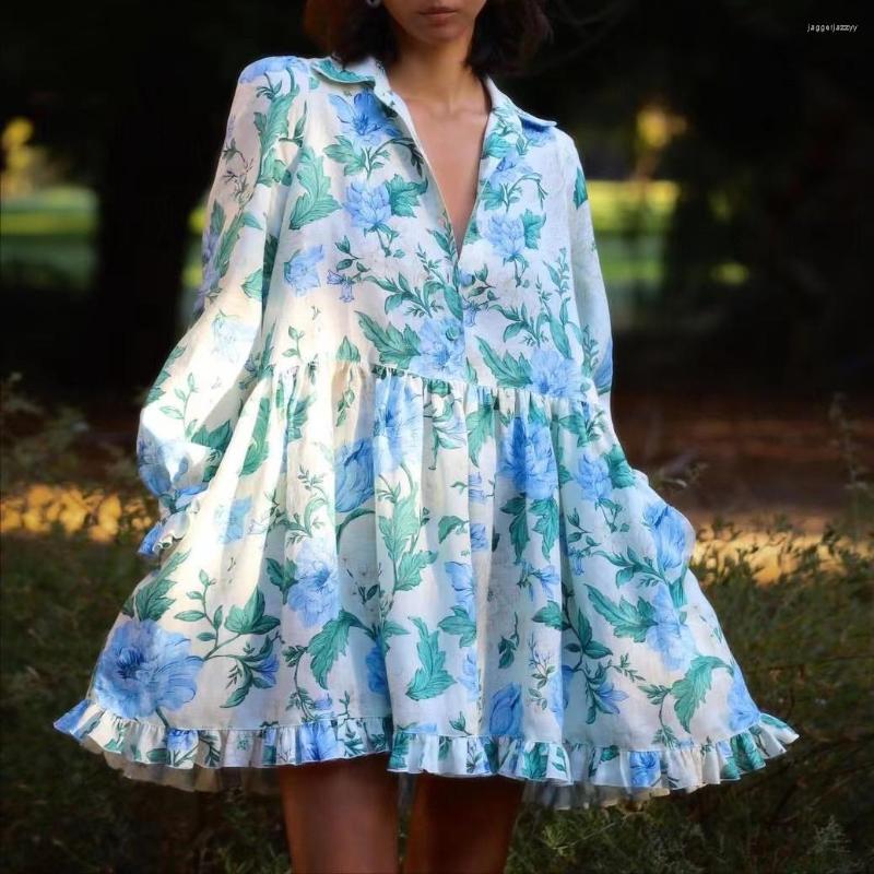 

Casual Dresses Women Linen Loose Mini Doll Dress Long Lanten Sleeve Blue Flower Print Short
