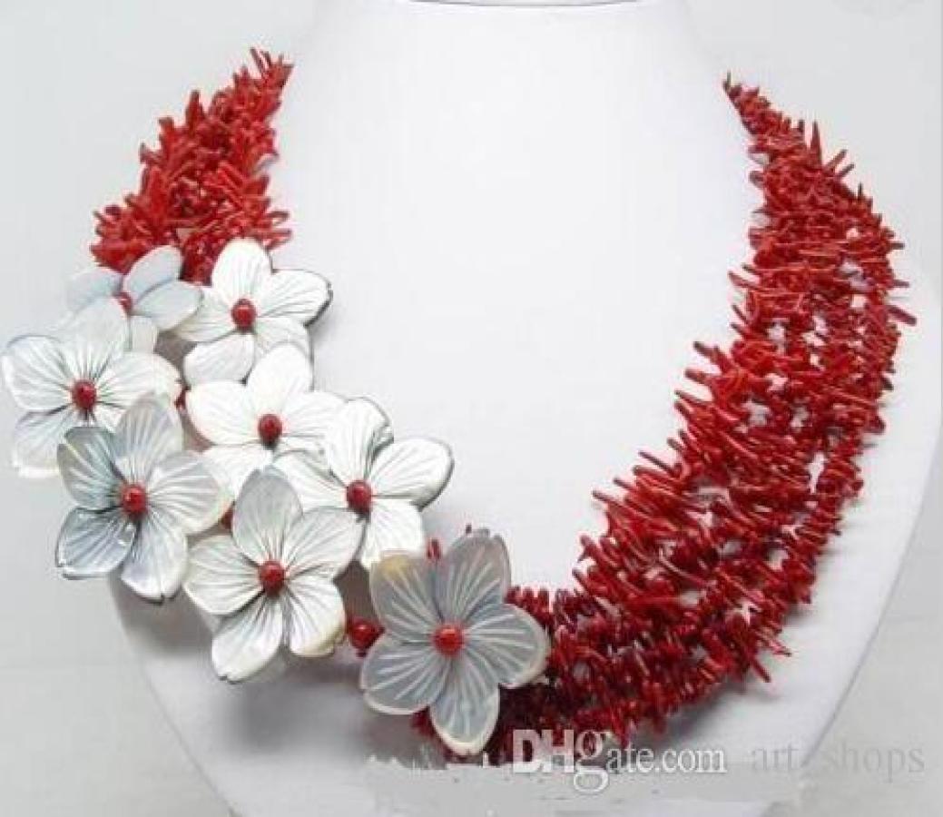 

Charming natural red coral shell flower necklace0123453532319