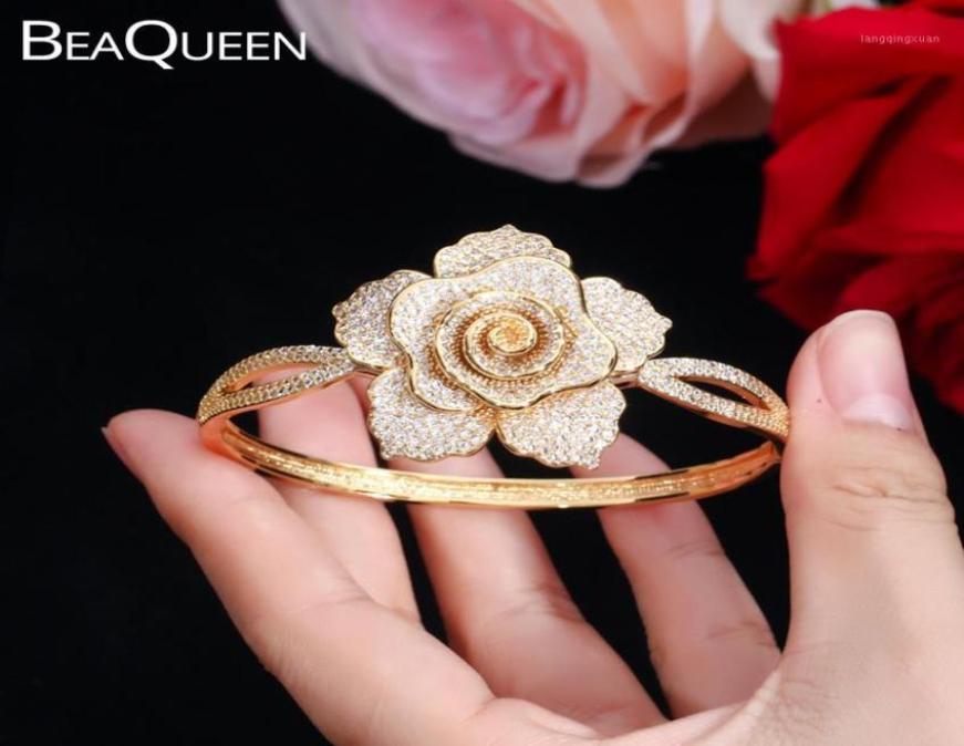 

BeaQueen Nigerian African Gold Color Open Cuff Bangles Elegant Big Flower Micro Pave Cubic Zirconia Stone Women Jewelry B14819919634