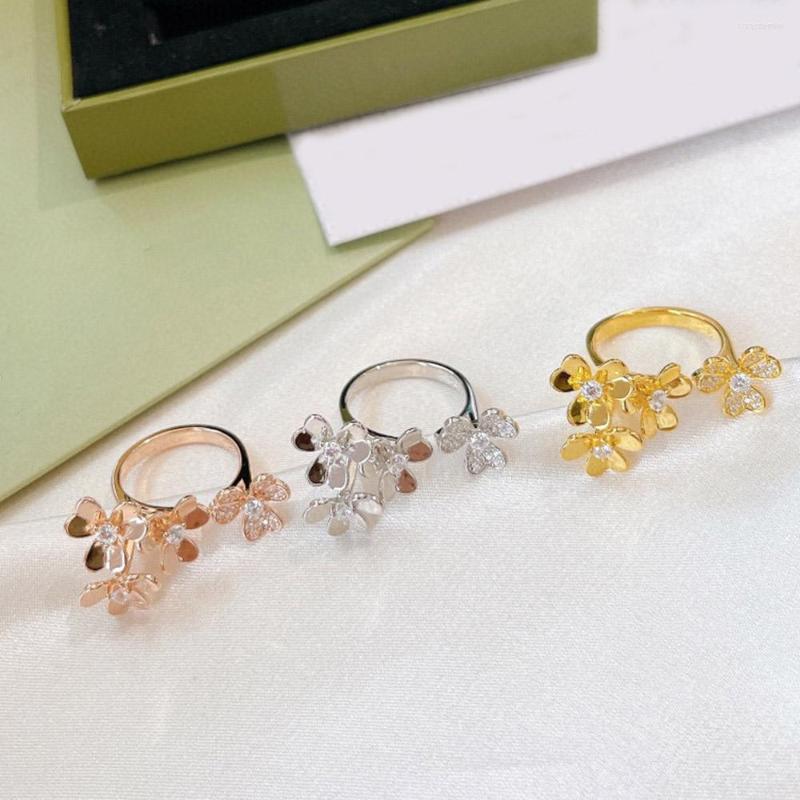

Cluster Rings 2023 Trendy Quality Brand Pure 925 Sterling Silver Luxury Clover Flower Cuff For Women Zircons Europe Jewelry