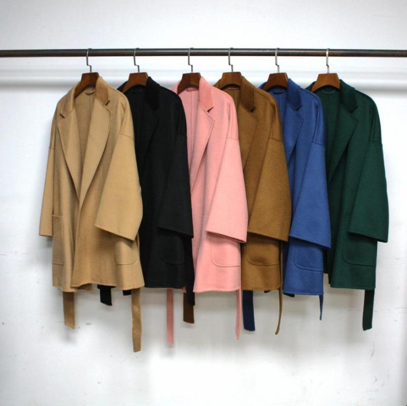 

Women' Jackets Women Jacket Notched Pockets Waist Lace-up Double Side Woolen Cashmere Coat, Black