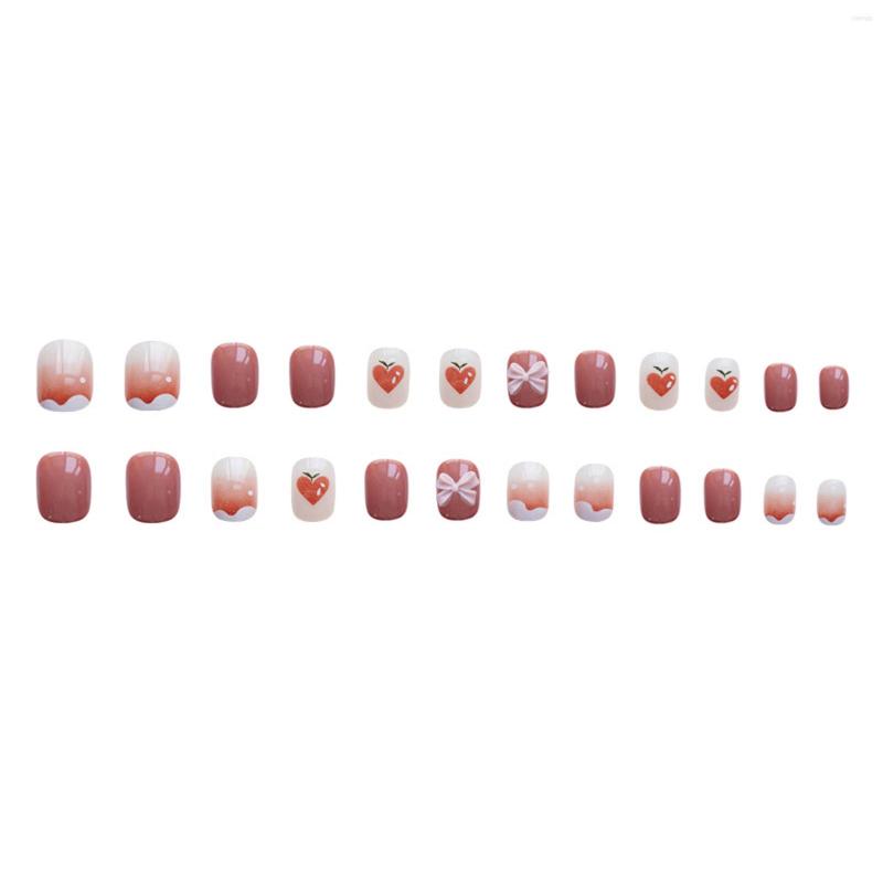 

False Nails Faux Ongles 24PCS Midi Press On Sweet Style Peach Print Fake Removable Wearable Bow Deor Artificial Salon DIY, Jelly glue model