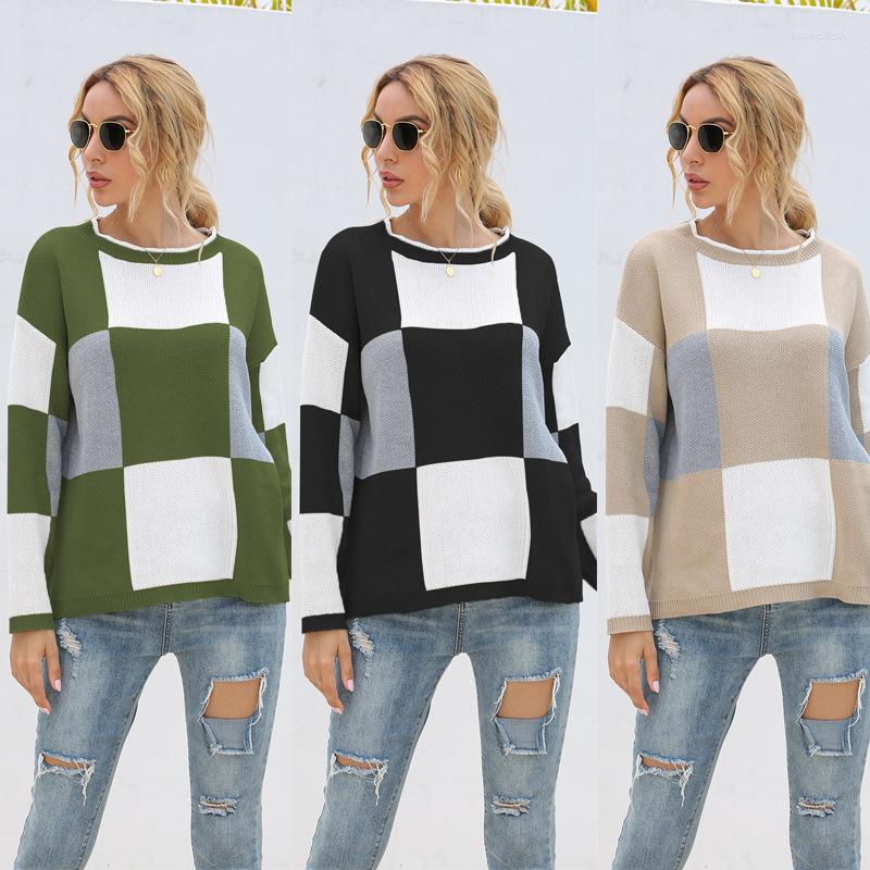 

Women's Sweaters Autumn Casual Women Color Block Plaid Pullover Sweater Round Neck Long Sleeve Loose Fall Winter Knitwear, Black