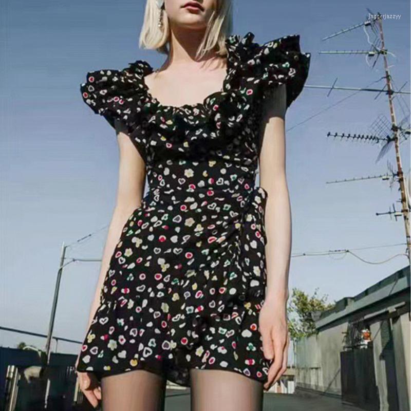 

Casual Dresses Silk Women Colorful Heart Print Mini Dress Ruffle Sleeveless High Waist Slim Lady Short, Black
