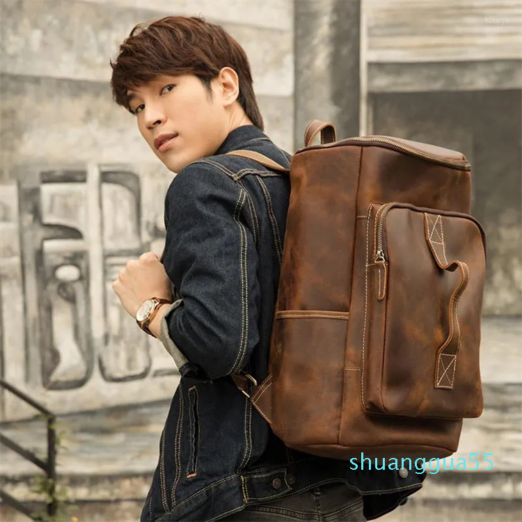 

Backpack Vintage Fashion Men's Travel Large-capacity Bucket Outdoor Daily Notebook Computer Schoolbag, Dark brown