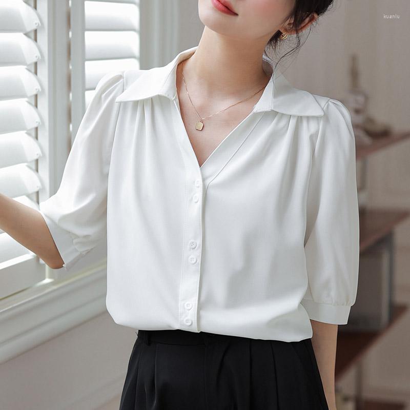 

Women' Blouses Elegant Office Ladies Shirt Korean Style Woman Blouse Spring Summer Short Sleeve Solid Color Chiffon Shirts Tops Blusa Mujer, Green