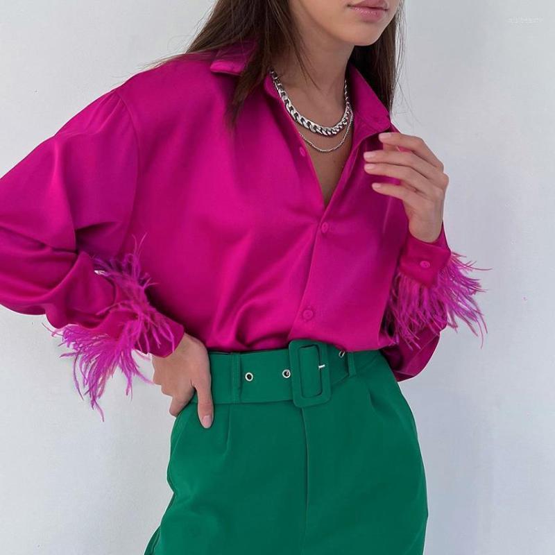 

Women' Blouses Women' Shirts Fashion Casual Shirt Solid Color Feather Long Sleeve Coat Women Loose Turn Down Collar Top Female, Green
